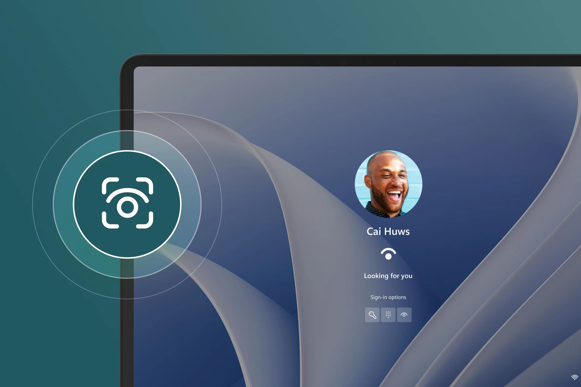 Partial view of Surface Laptop Studio 2 with a Windows Hello log in menu on screen and an eyeball icon floating above the device.